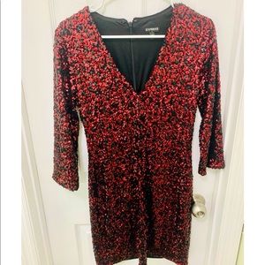 Express 3/4 Sleeve Red Mini Sequin Dress